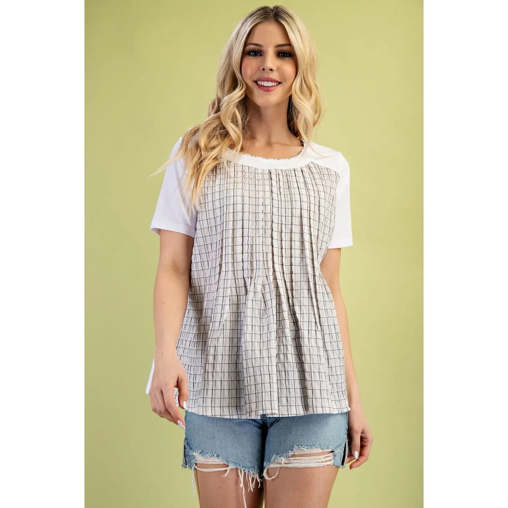 TE1016 GiGio Mixed Fabric Short Sleeve Top with Pleat Details Var Sizes